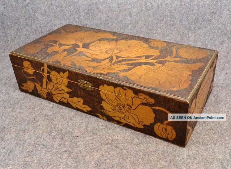 Antique Large Carved Pyrography Flemish Art Box Poppies 1800s Boxes photo