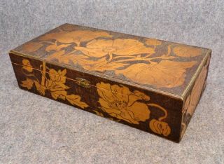 Antique Large Carved Pyrography Flemish Art Box Poppies 1800s photo