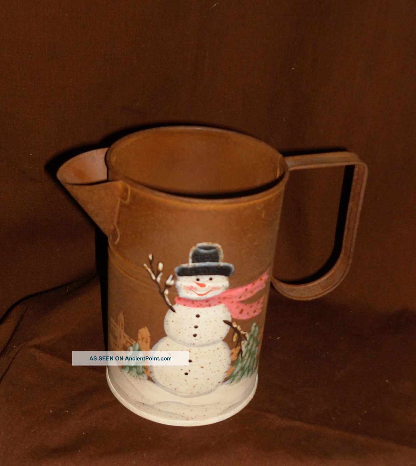 Antique Toleware Snowman Pinted Pitcher,  Rust And Painted Metalware photo