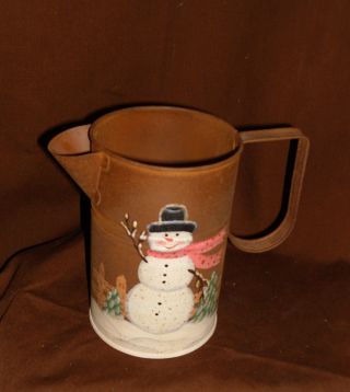 Antique Toleware Snowman Pinted Pitcher,  Rust And Painted photo