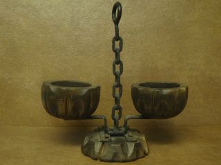 Vintage Antique Spain Carved Wood Bowl Cup Candle Holder Wrought Iron Chain photo