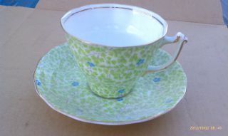 Phoenix Vintage Tea Cup & Saucer Green Leaves,  Blue Flowers Chintz - Gold Gilt photo