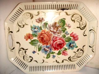 My Moms Vtg.  50 ' S Cream W/roses Reticulated Toleware Tray 21 