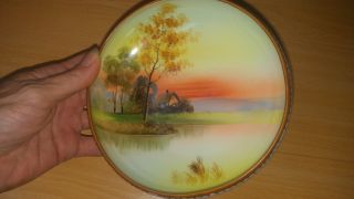 Vintage Nippon Tri Footed Hand Painted Enameled Sunset Lake Shore Scene Bowl photo