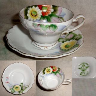 60yr Hand Painted Occupied Japan Pink Yellow W/gold Floral Cup - Saucer No Damage photo