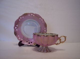 Vintage Pearl Pink Luster Elegant Pedestal Cabinet Tea Cup & Saucer Sterling photo