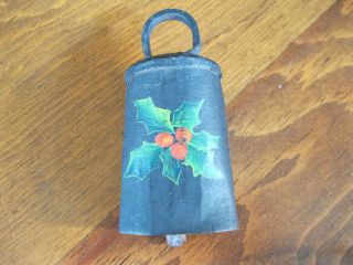 Antique Hand Made Tin Folk Art Bell Tole Ware Painted Holly photo