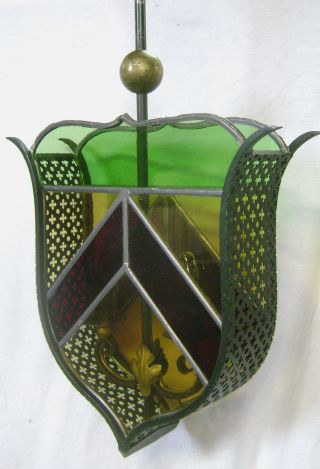 Vintage Stained Glass Shield Form Hanging Ceiling Light - Perf Metal Body - Rewired photo