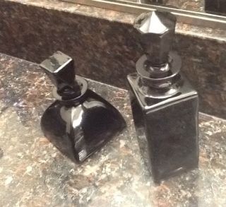 Rare Set Of 2 Black Purple Vintage Glass Perfume Bottles Great Collector Item photo