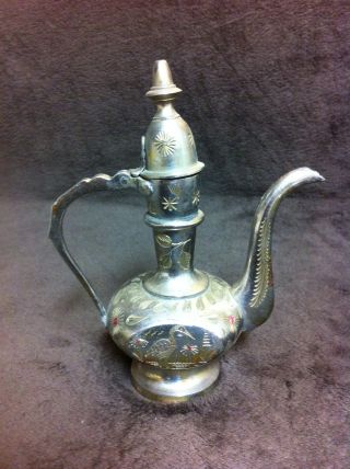 Vintage Decorative Etched Teapot Oil Pitcher India - Antique ? Brass ? Silver ? photo