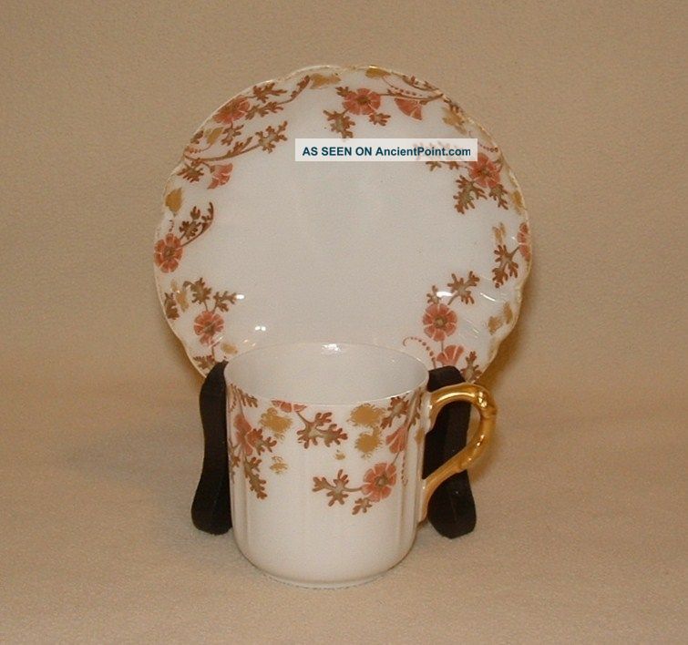 Antique Haviland Limoges Tea Cup & Saucer Set,  Autumn Floral Design,  Gold Trim Cups & Saucers photo