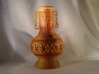 Vintage Wicker/bamboo Wrapped Porcelain Vase Zhejiang Handicrafts Peoples Roc photo