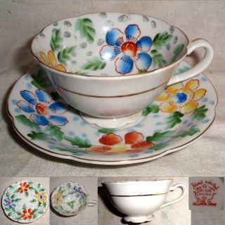 60yr Orion Hand Painted Occupied Japan Colorful Flower Scalloped Cup & Saucer photo