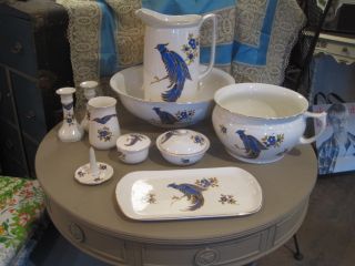 Antique Vanity Set - - Made In England - - Peacock Design - - Blues photo