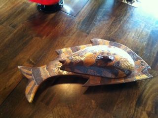 Awesome Large Vintage Wooden Carved Fish Box photo