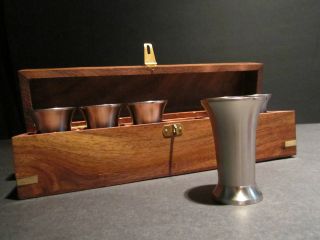 Repro Antique Bar Pewter Wiskey Moonshine Beaker Shot Glass Wood Box Set photo