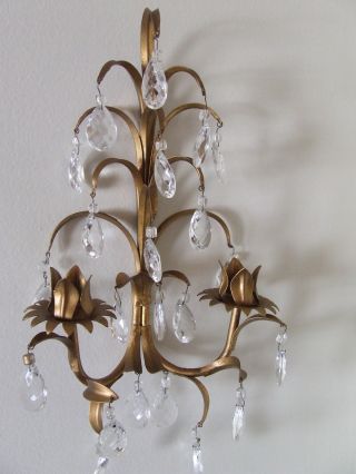 Vintage Italian Gold Gilt Tole Wall Sconce 2 Candleholder 22 Crystal Prisms photo