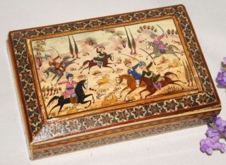 Antique Wood Mosaic Inlay Persian Box Men Swords Horses Hunt Scene C1920 ' S photo