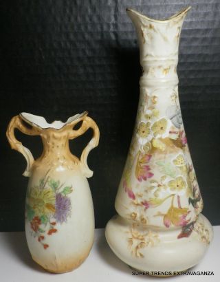 Two Antique English Bone Porcelain Hand Painted Enameled Floral Vases photo