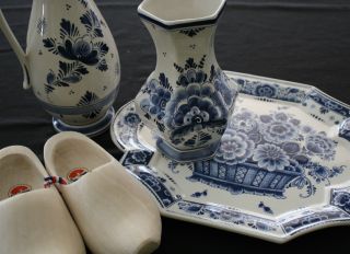 Blue & White Plate,  Vase & Pitcher - Made In Holland - & Wooden Dutch Shoes photo