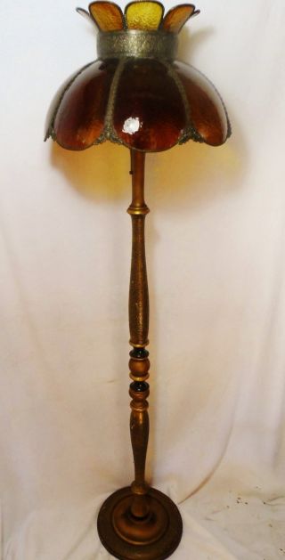 Victorian Turned Wood Antique Floor Lamp W/ Amber Glass Tiffany Shade Vtg Light photo