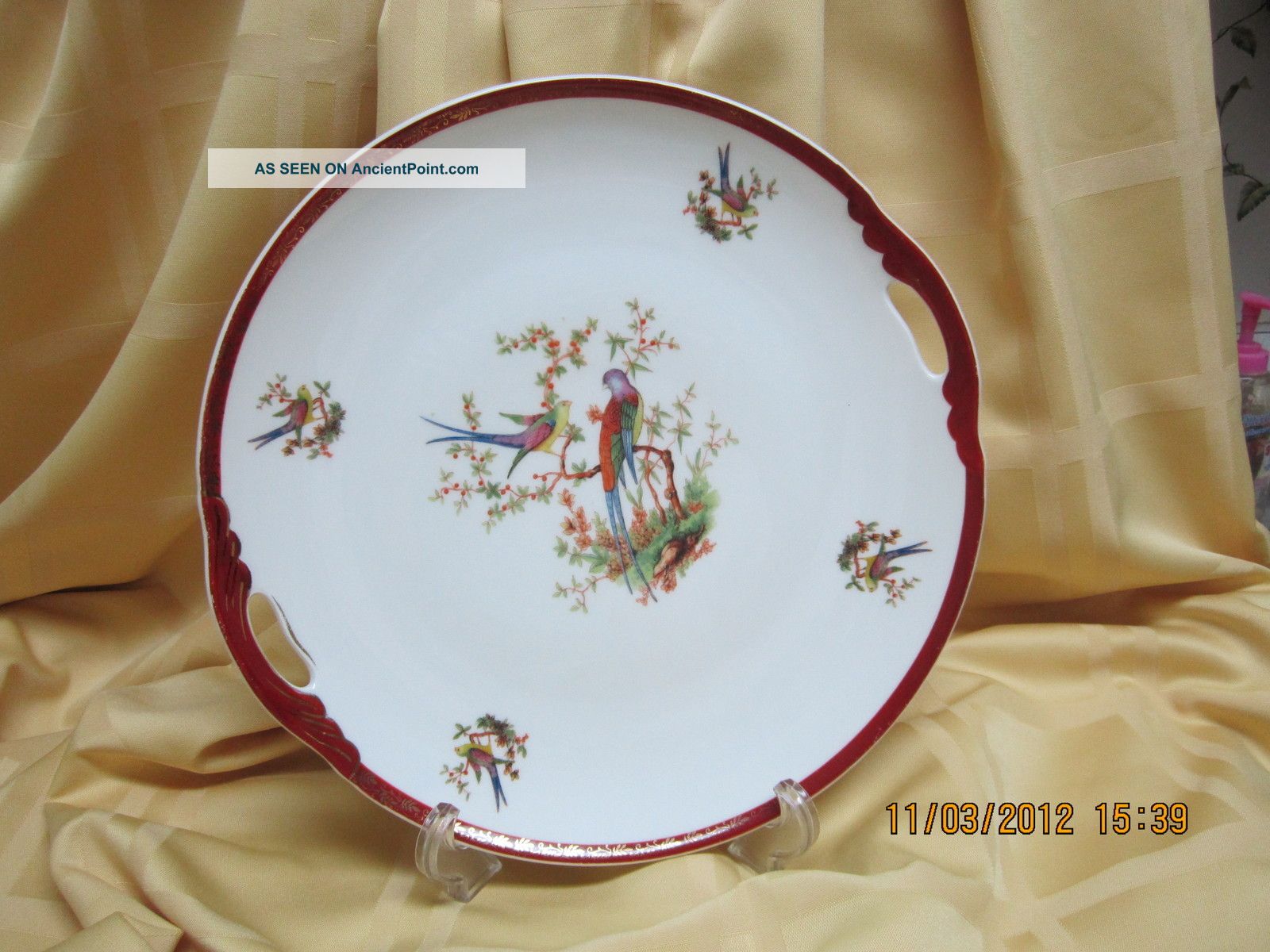 Bavaria Cake Plate Open Handles Handpainted Birds J.  B.  N.  Y.  Mark Plates & Chargers photo