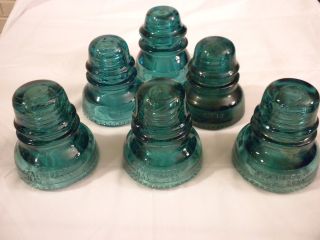 6 Antique Teal Green Glass Hemingray Insulators photo