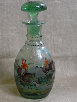 Antique Victorian Decanter - - Hand Painted Horsemen And Dogs photo