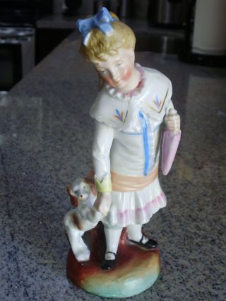 Victorian German Porcelain Girl Dog Bisque Figurine photo