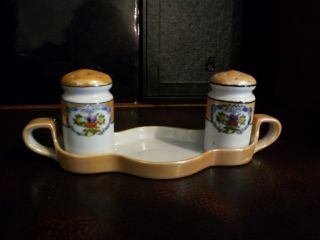 Antique Hand Painted Lusterware Salt & Pepper Shaker With Matching Tray. photo