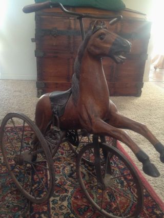 Antique Horse Tricycle Carved Wood Leather Saddle & Wooden Wheels photo