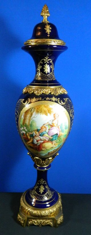 Sevres Style Monumental Hand Painted Urn Signed Bronze Mounts photo