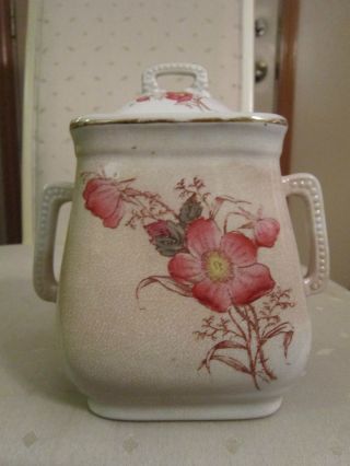 Antique Ironstone China Sugar Bowl W/lid; Beige/floral Print photo