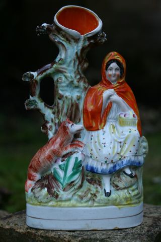Mid 19th C.  Staffordshire Of Red Riding Hood Figurine & Wolf Spill Vase C1860 photo