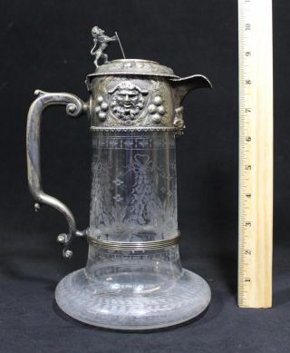 Antique 19thc Hand Blown Etched Glass Silver Plate Pitcher Nr photo