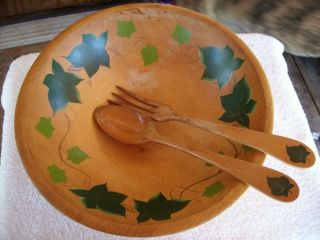 Vintage Rio Grande Woodenware Hand Painted Ivy White Studios,  3 Legs W/utensils photo