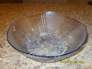 Vintage Clear Blue Glass Salad Bowl W/ Floral Pattern photo