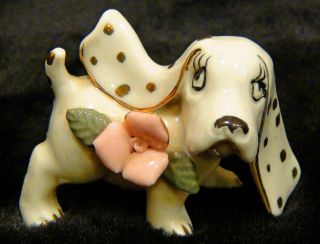 Vintage Porcelain Dog With Pink Flower And Gold Dotted Ears Excellent 60s 70s photo