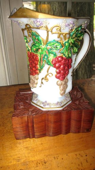 Antique Decorative Post - 1940 Painted Fruit Grapes White Glass Old Pitcher photo
