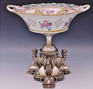Amazing Large Victorian Figural Camels Silver Plate & Porcelain Centerpiece Bowl photo