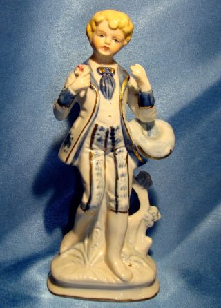 Vintage Antique Blue White Porcelain Victorian Boy Figurine Feminine Red Lips photo