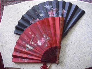 Antique Fan 2 Fans European French Handpainted Silk Leaf Carved Wood Abanico photo