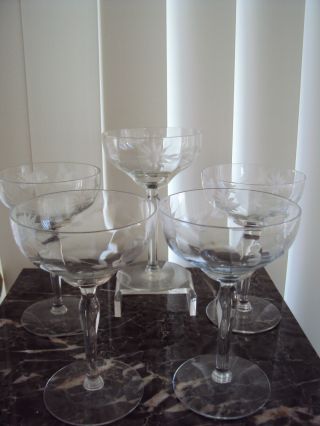 Set Of 5 Vintage Cut Long Stem Champagne Glasses Floral And Leaf Design photo