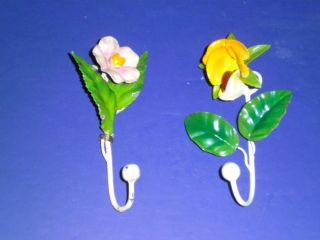 2 Shabby Vintage Italian Tole Flower Enamel Toleware Holder Wall Hooks Italy Tag photo