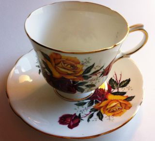 Fine Bone China Red & Yellow Floral Rose Teacup & Saucer Made By Merrie England photo