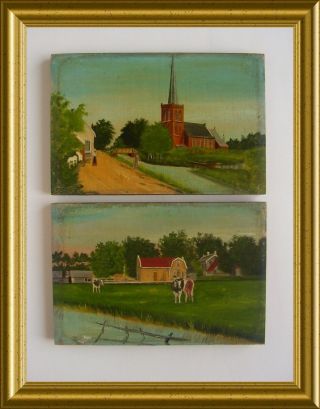 Two Miniature Oil Paintings On Oak Wood : Dutch Landscape / Cow / Church / Farm photo