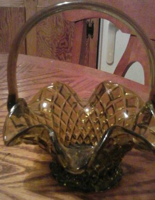 Vintage Greenish Brown Carnival Glass Basket W/glass Handle photo