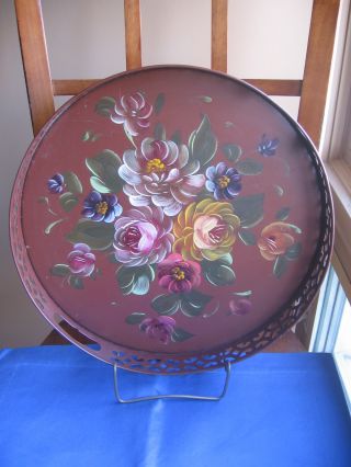 Fine Arts Studio Floral Hand Painted Burgundy Metal Round Pierced Handle Tray photo