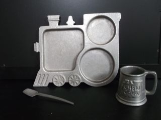 Chew Chew Train Plate Cup York Metalcrafters Pewter Children ' S Plate photo