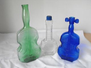3 Vintage Cobalt & Green & Clear Violin Chello Banjo Bottles Decor photo